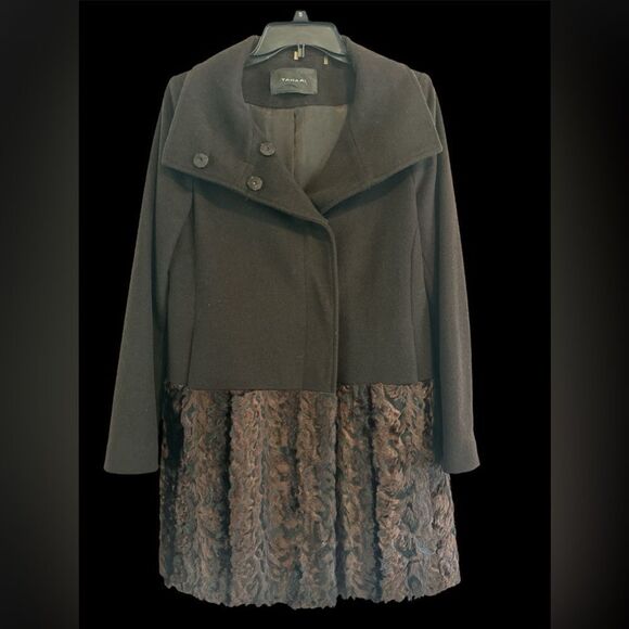 Tahari Jackets & Blazers - Tahari women’s black long coat. Faux fur detail across bottom feels like velvet